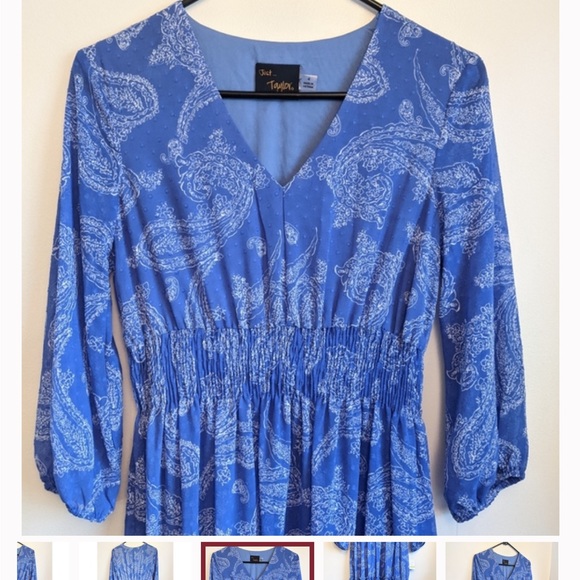 A6 - 305 Just Taylor deep blue v neckline ruffle hem paisley dress size small - Picture 2 of 8
